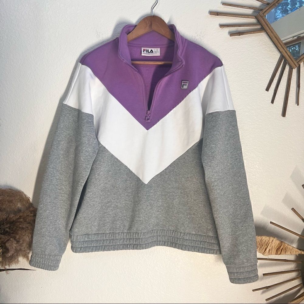 FILA Womens 1/4 Zip Pullover Color block chevron Pattern Lavender White Gray XL - Picture 4 of 11